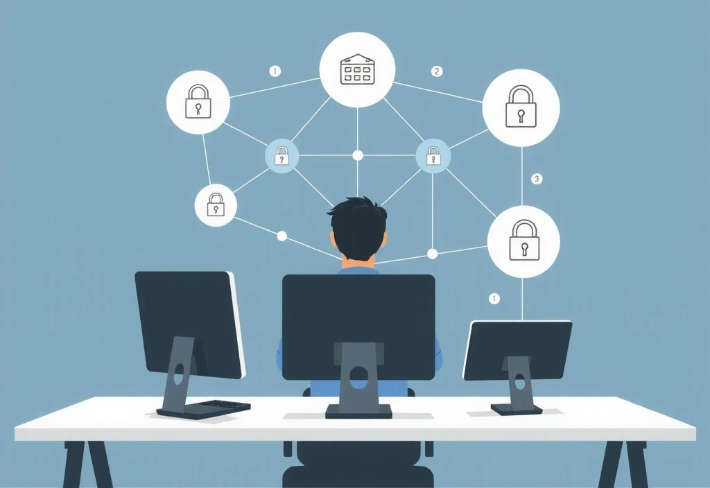 Person am Computer, umgeben von Datensicherheitssymbolen